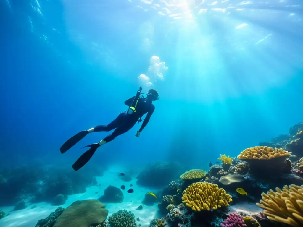 Buceo en apnea y freediving: Un buceador libre desciende grácilmente en un vibrante mundo submarino, rodeado de vida marina colorida