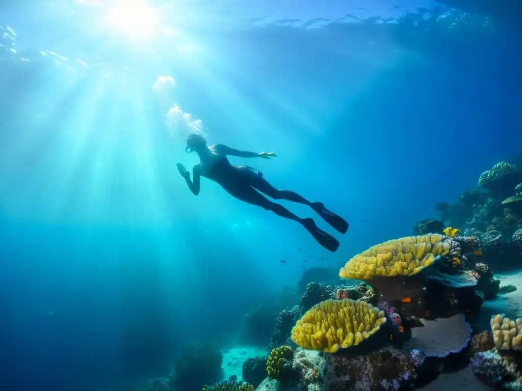 Buceo en apnea y freediving: Un buceador libre desciende con gracia entre corales vibrantes en el fascinante mundo submarino