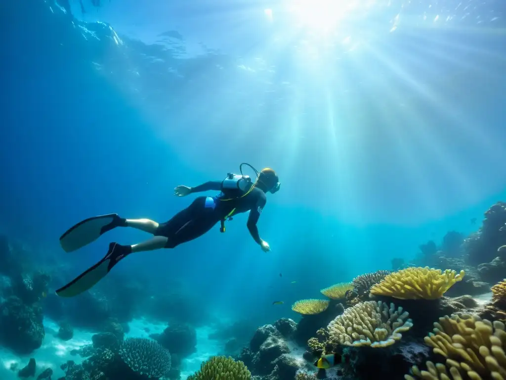 Buceo en apnea y freediving: Un buceador libre desciende graciosamente entre peces tropicales en un mundo submarino etéreo y cautivador