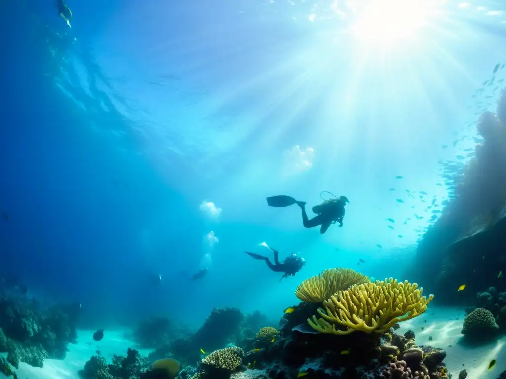 Buceo en un arrecife de coral vibrante, diversidad marina bajo el cálido brillo del sol