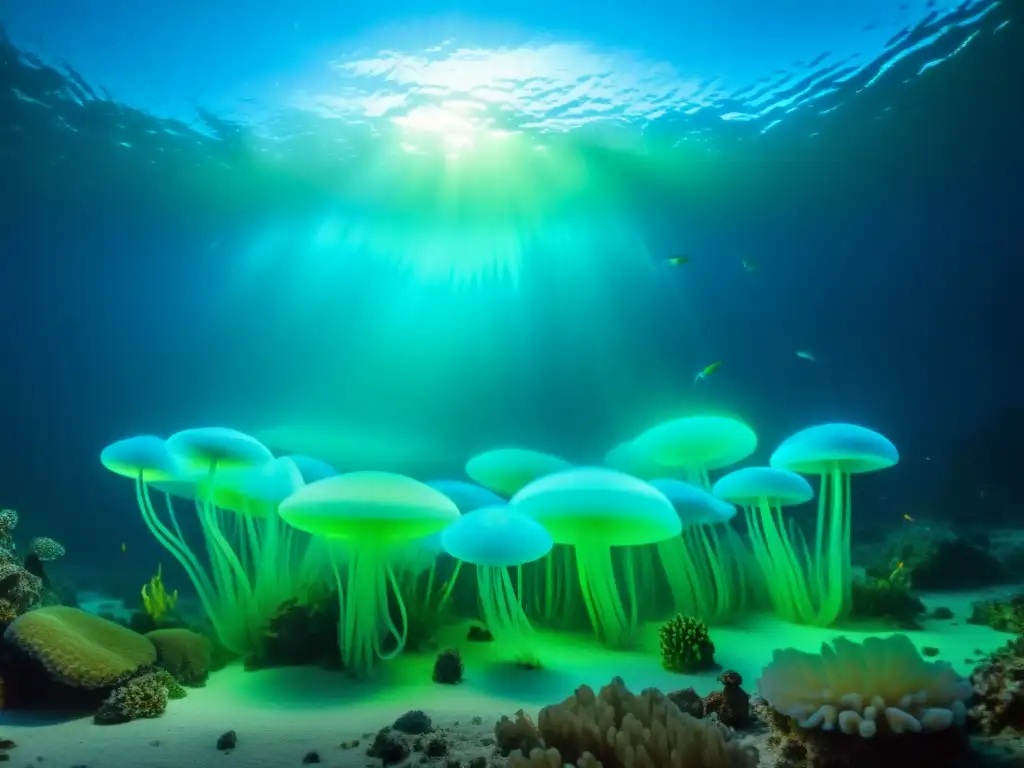 Buceo bioluminiscente vida marina nocturna: fotografía submarina de organismos luminosos en el fondo del océano, creando un espectáculo surrealista