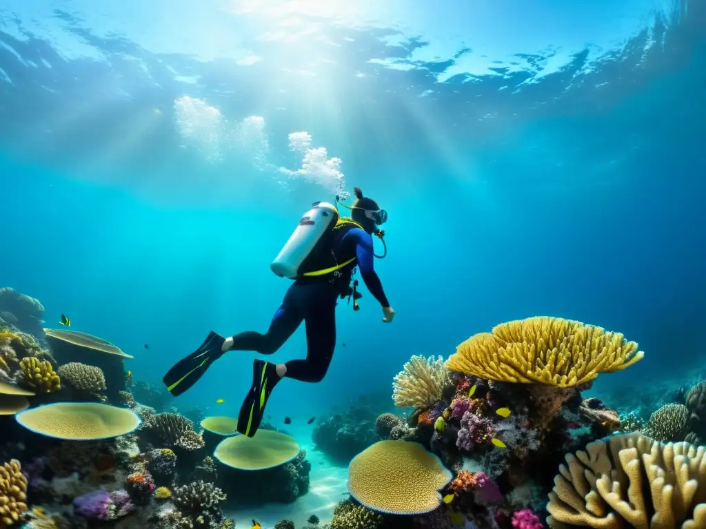 Buceo en deriva: un buceador explorando un vibrante arrecife de coral, con corriente suave y vida marina colorida claramente visible