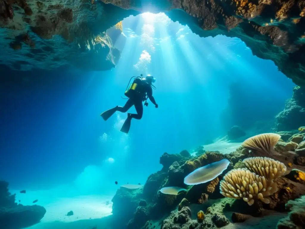 Buceo en fosa oceánica: exploración asombrosa en cueva submarina iluminada por vibrante haz de luz, revelando la belleza misteriosa del océano