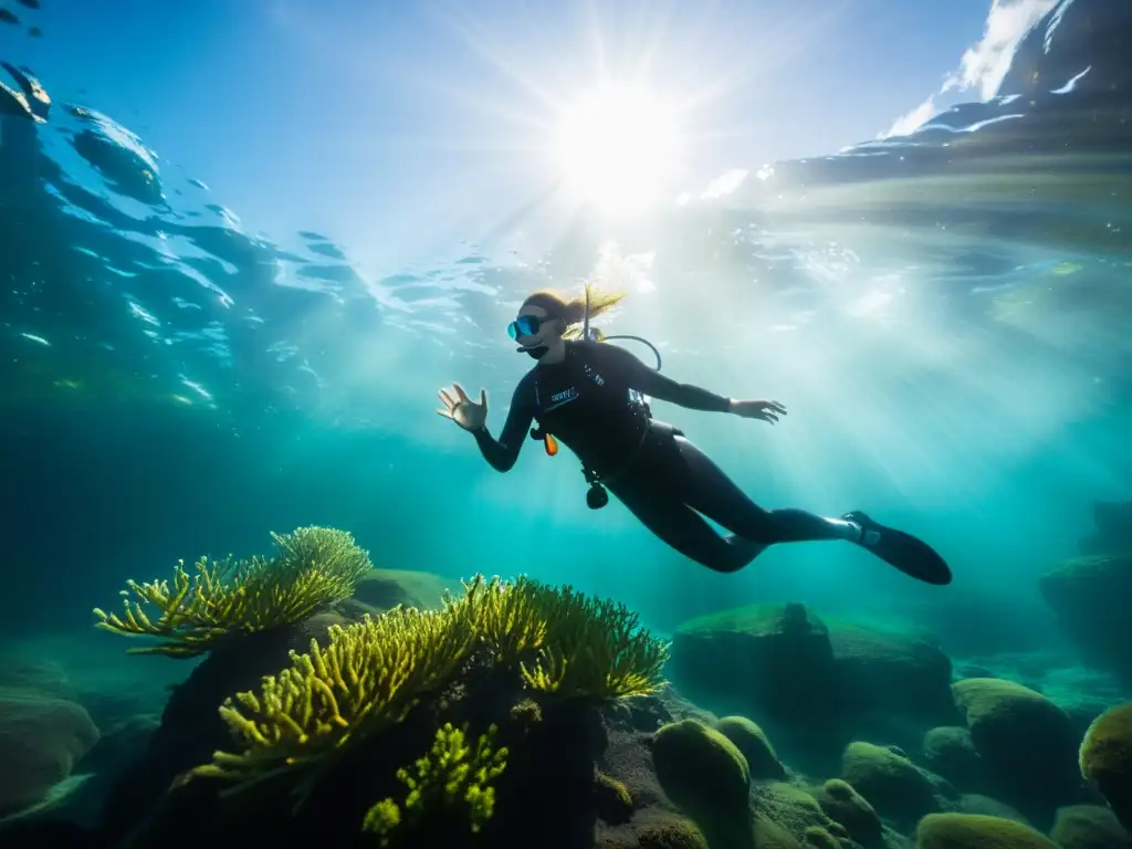 Buceo de lujo en aguas termales Islandia: buceador en aguas turquesas rodeado de vida marina vibrante y juegos de luz solar