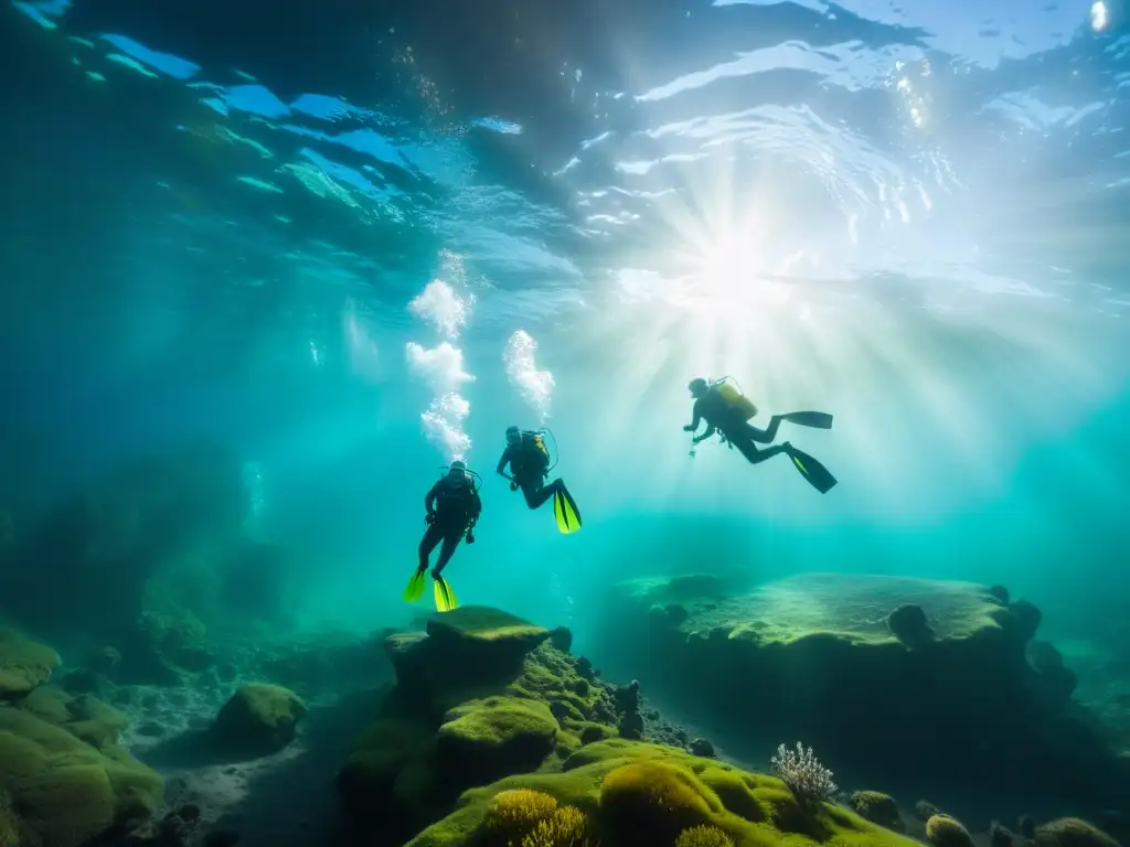 Buceo de lujo en aguas termales Islandia: exploración tranquila bajo el agua turquesa, iluminada por la suave luz del sol