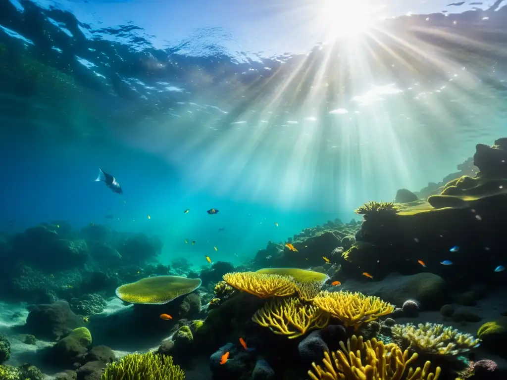 Buceo de lujo en aguas termales Islandia: un vibrante arrecife de coral con peces coloridos, plantas marinas y luz filtrada en el agua cristalina