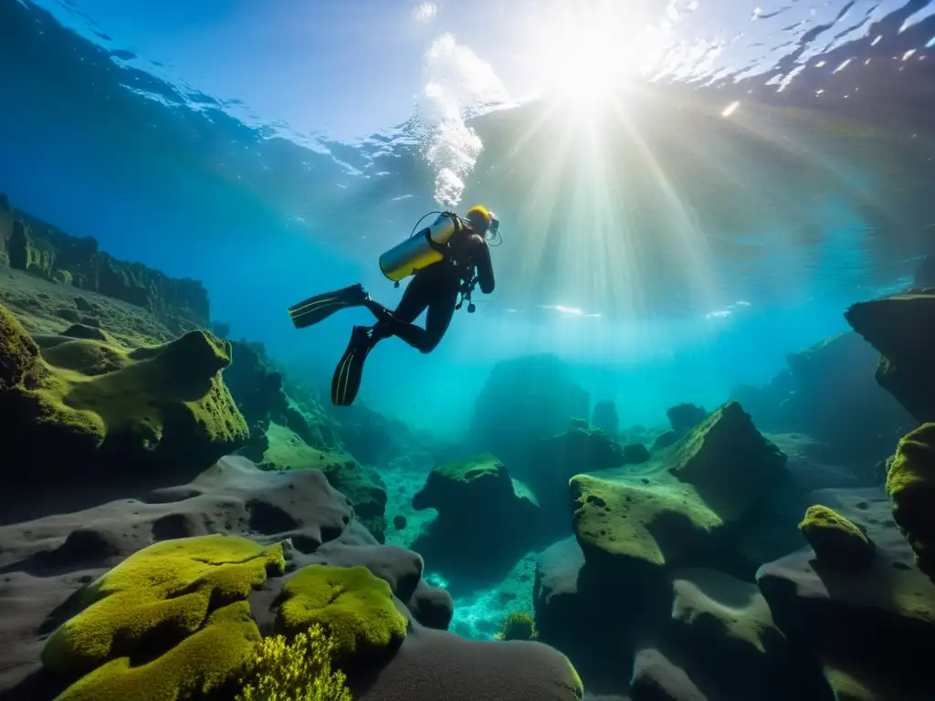 Buceo de lujo en aguas termales Islandia: exploración submarina en Silfra, con aguas cristalinas, formaciones rocosas y buceador equipado