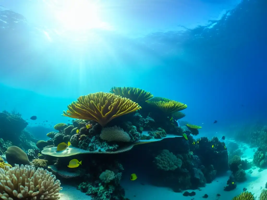 Buceo de lujo en atolones privados: Fotografía impresionante de un vibrante arrecife de coral en Fiji, con vida marina colorida y aguas turquesa