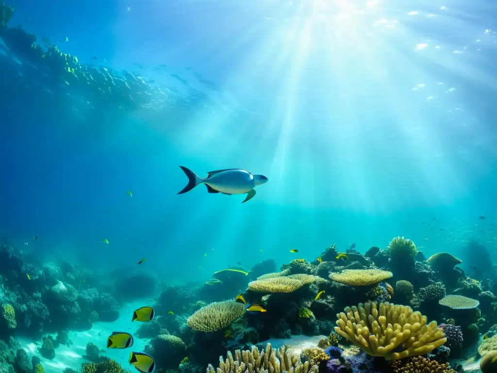 Buceo de lujo en Dubai: Una escena submarina surrealista y encantadora, con un vibrante arrecife de coral y vida marina colorida