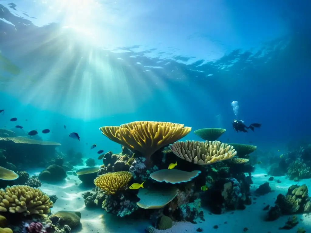 Buceo de lujo en la Laguna Azul de Belice: un paisaje submarino vibrante con arrecifes de coral, peces coloridos y buceadores explorando