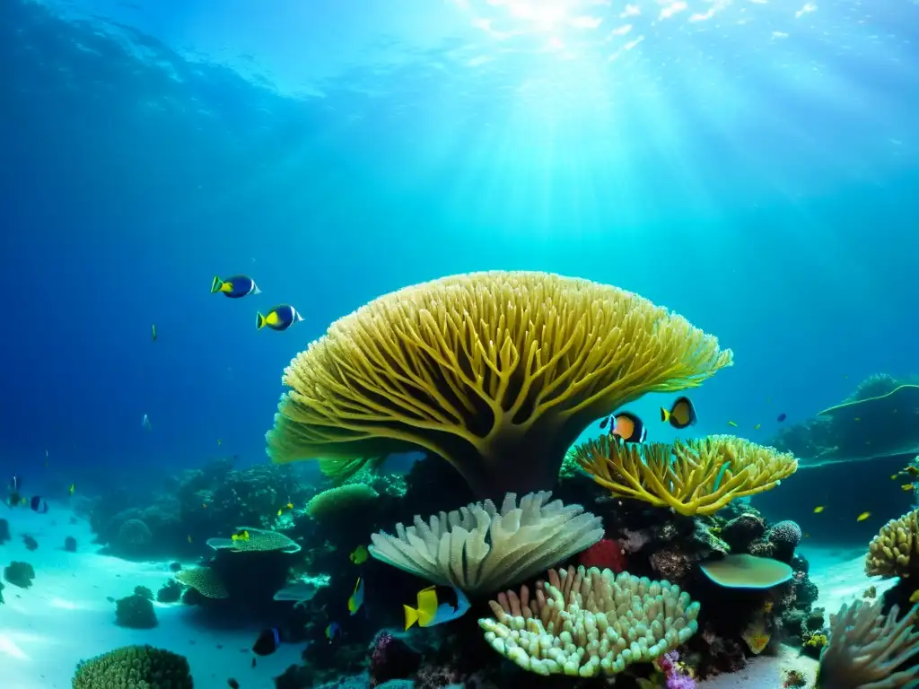 Buceo de lujo en Maldivas: una vista impresionante de un vibrante arrecife de coral, vida marina colorida y aguas cristalinas iluminadas por el sol