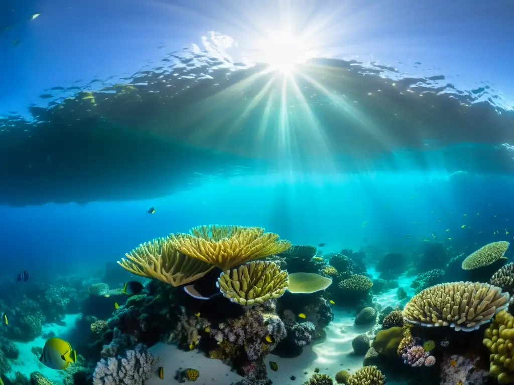 Buceo de lujo en Raja Ampat: un arrecife de coral vibrante teñido de vida marina, con peces coloridos y tortugas marinas entre formaciones coralinas