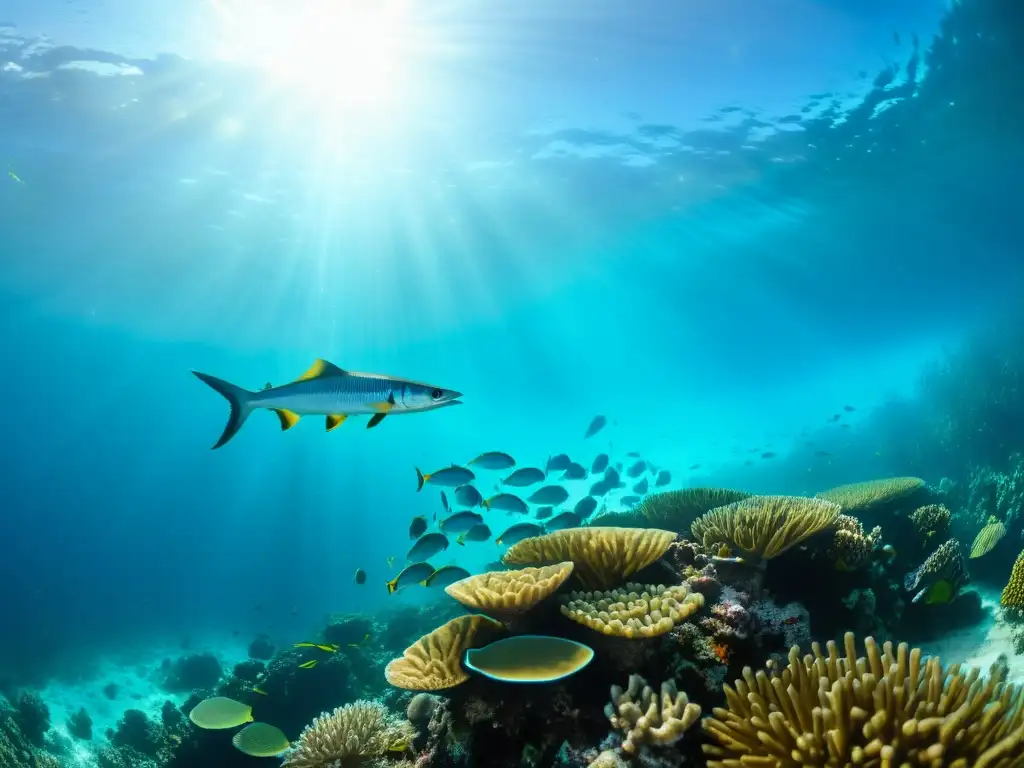 Buceo de lujo en Raja Ampat: vibrante arrecife de coral, aguas turquesas, peces coloridos y barracudas en un paisaje submarino surrealista