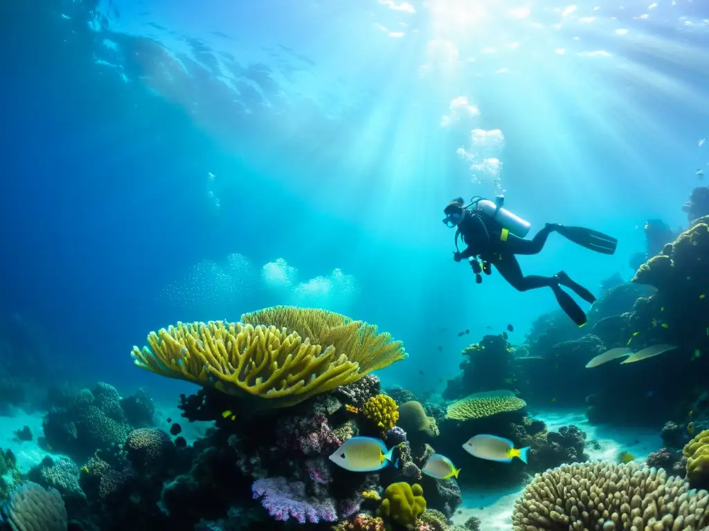 Buceo marino en arrecife de coral vibrante con vida marina, explorado por buzos maravillados