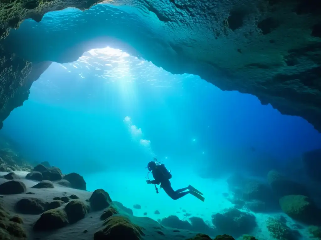 Buceo en una mística cueva submarina iluminada por la bioluminiscencia