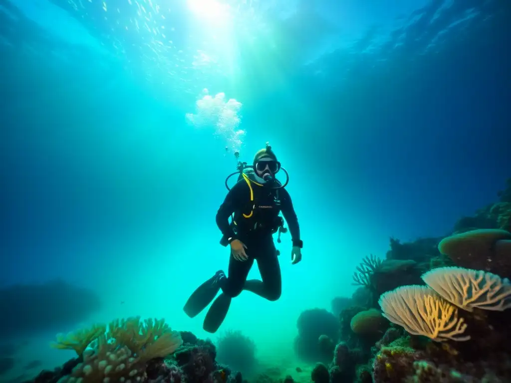 Buceo nocturno en Noruega: Diver entre bioluminiscencia y vida marina, en un paisaje etéreo y místico