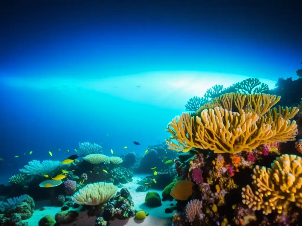 Guía para buceo nocturno: Hermoso arrecife de coral iluminado por la bioluminiscencia, creando un ambiente mágico y misterioso bajo el mar