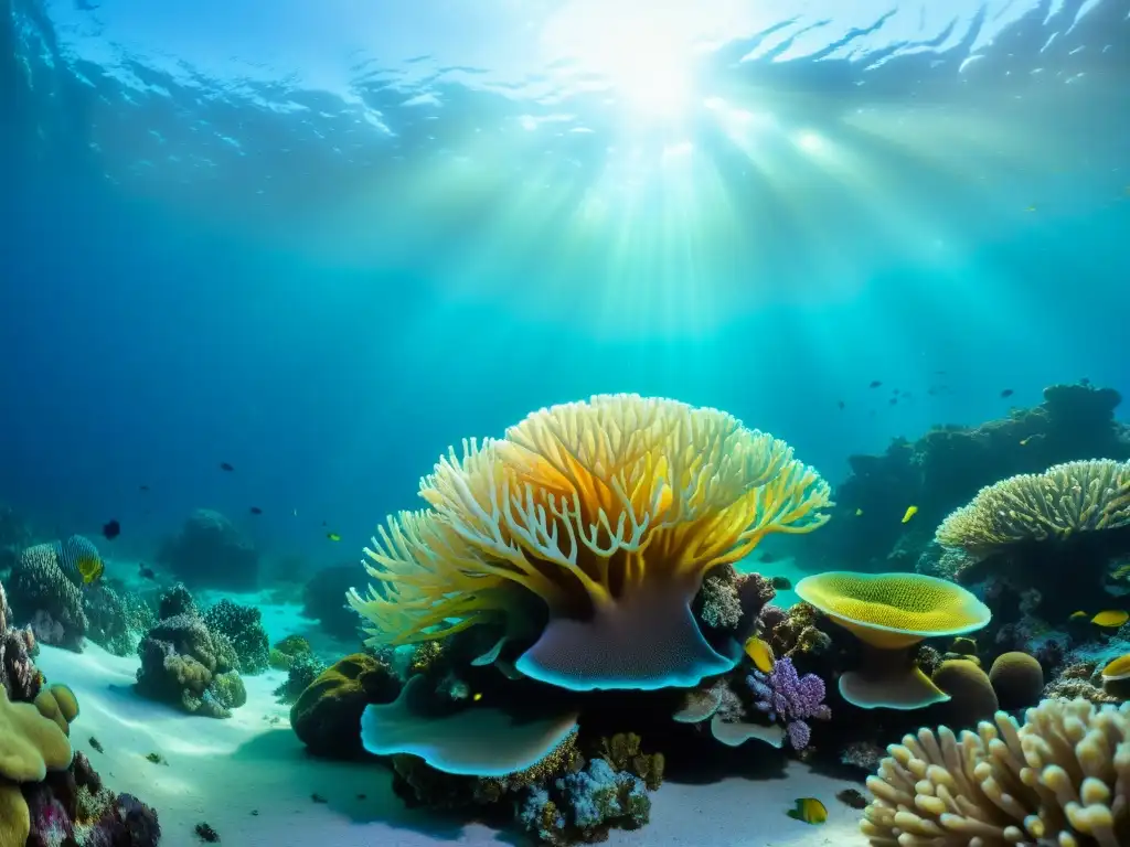 Certificación buceo nocturno: un mágico paisaje submarino iluminado por la bioluminiscencia, con vibrantes corales y vida marina en movimiento