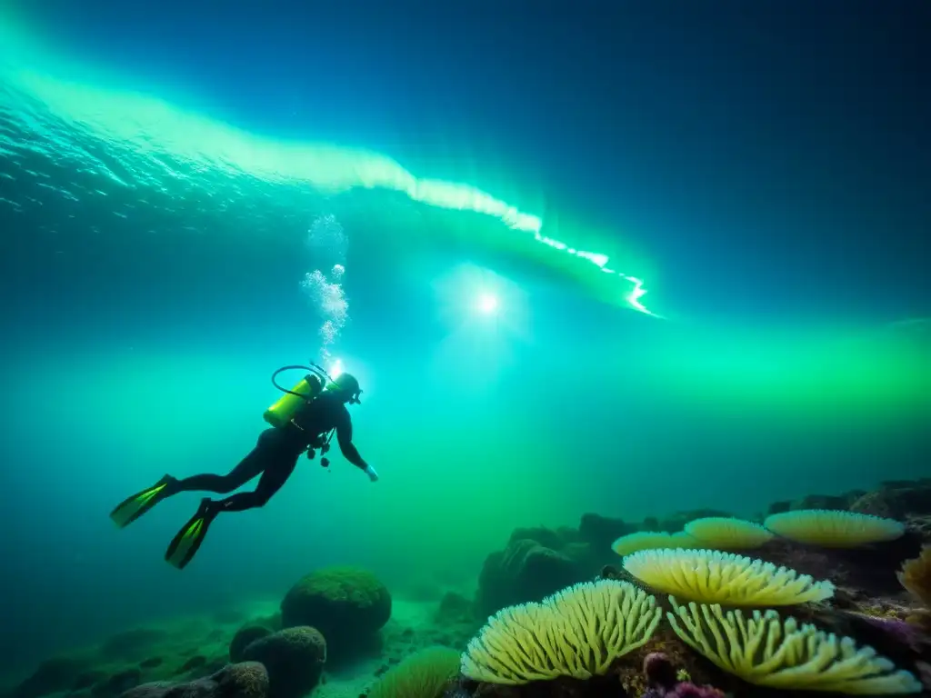 Buceo nocturno en Noruega: Bioluminiscencia azulverde ilumina el fondo marino, mientras un buceador explora la mágica escena nocturna