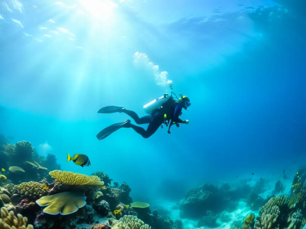 Buceo en pareja en un arrecife de coral vibrante, rodeados de vida marina colorida y atmósfera romántica bajo el agua cristalina