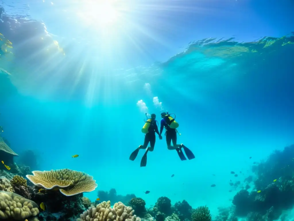 Buceo en pareja en destinos románticos: explorando juntos aguas turquesa, corales vibrantes y peces coloridos bajo el sol