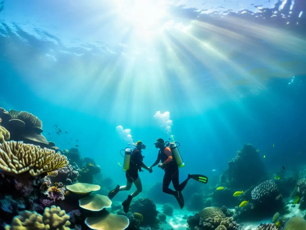 Buceo en pareja en destinos románticos: explorando el vibrante arrecife de coral, iluminados por la luz del sol y rodeados de vida marina colorida