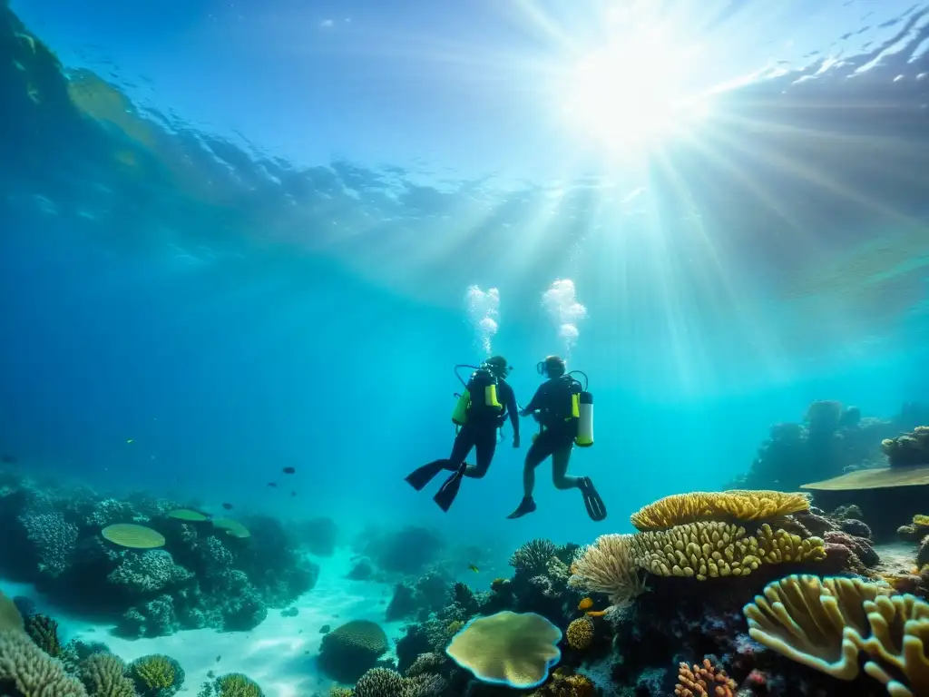 Buceo en pareja en destinos románticos: explorando un arrecife de coral colorido bajo el agua cristalina, con una atmósfera de aventura y conexión