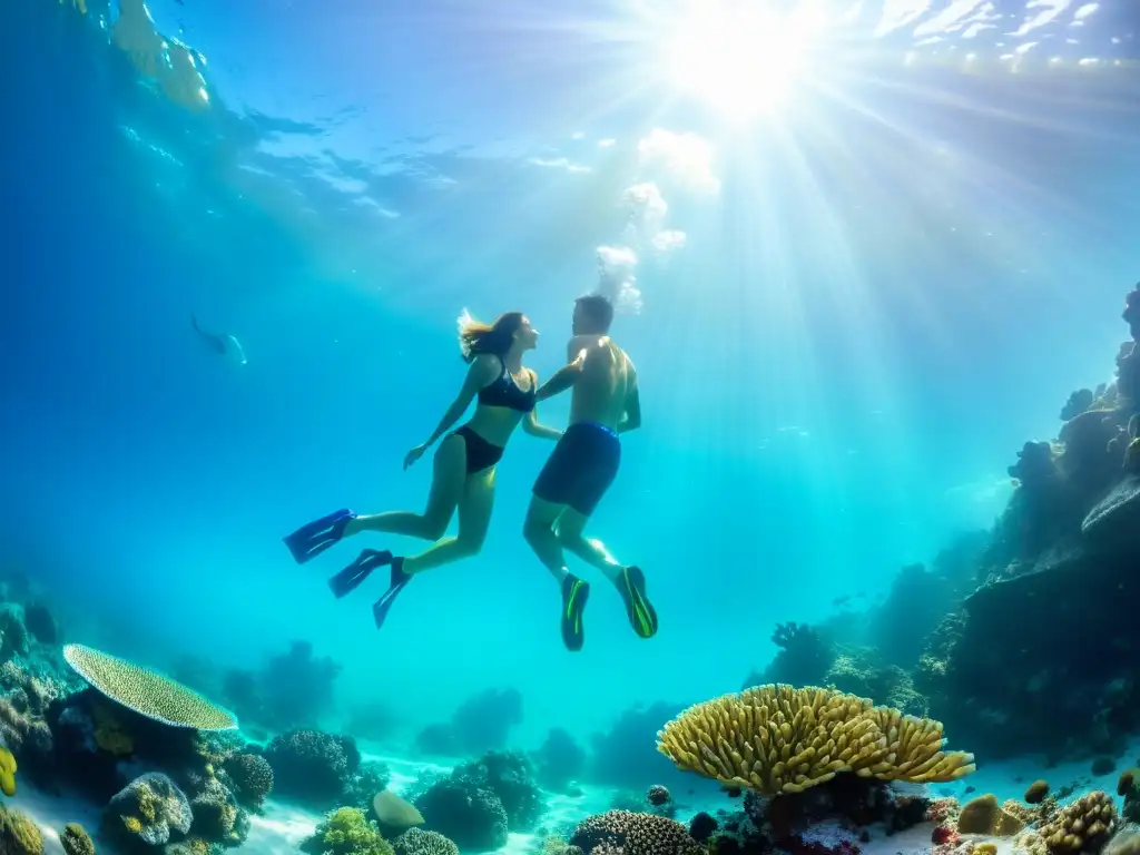 Buceo en pareja en destinos románticos: una escena submarina llena de color y asombro mientras exploran el paraíso marino