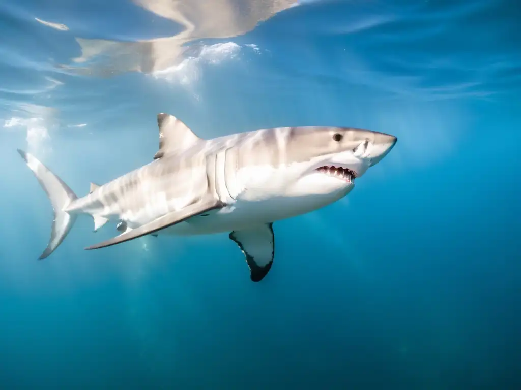 Buceo premium en Isla Guadalupe: majestuoso tiburón blanco surcando aguas cristalinas con autoridad impresionante