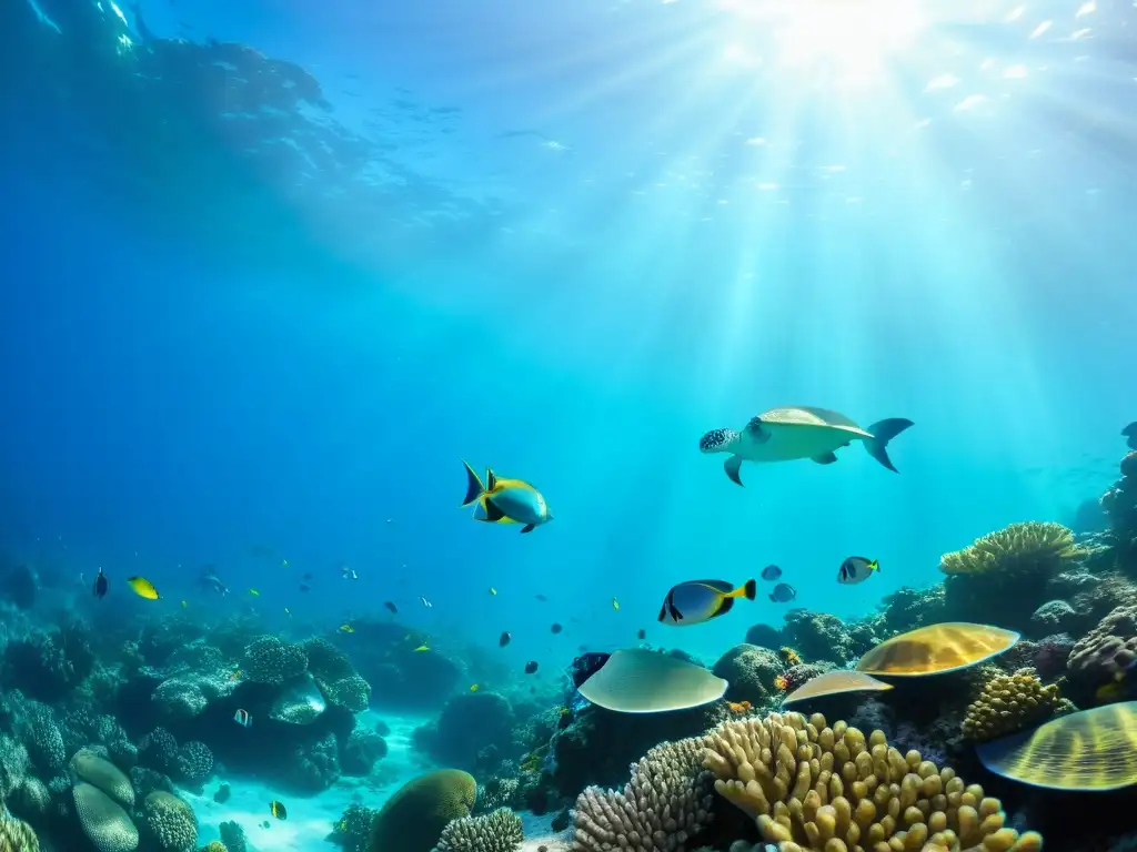 Buceo profundo en vida marina: Un arrecife de coral vibrante repleto de peces coloridos y tortugas marinas