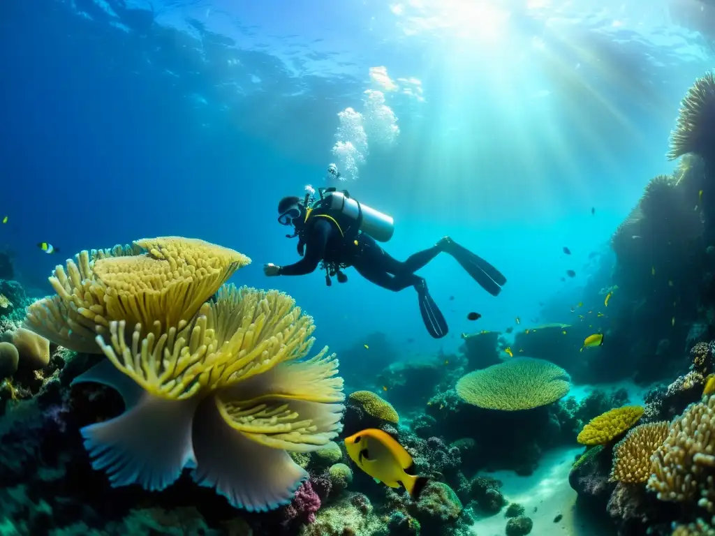 Buceo profundo en vida marina: Un buceador explora un vibrante arrecife de coral, rodeado de peces tropicales y formaciones coralinas