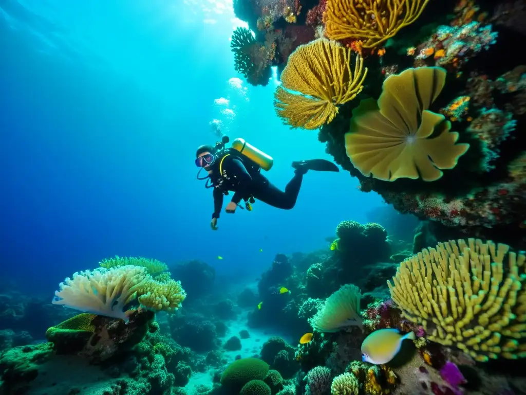 Buceo profundo en vida marina: un buzo explora un arrecife de coral vibrante y exótico, lleno de vida marina colorida y majestuosa