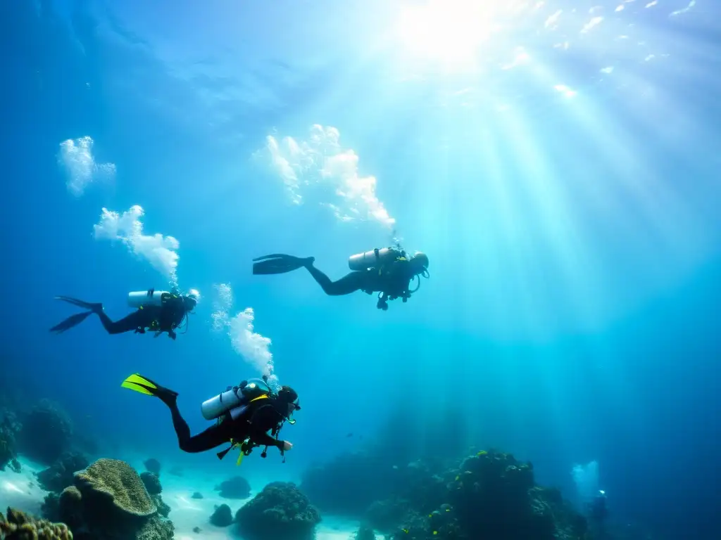 Buceo profundo en vida marina: una escena vibrante con buceadores descendiendo entre peces coloridos en aguas cristalinas