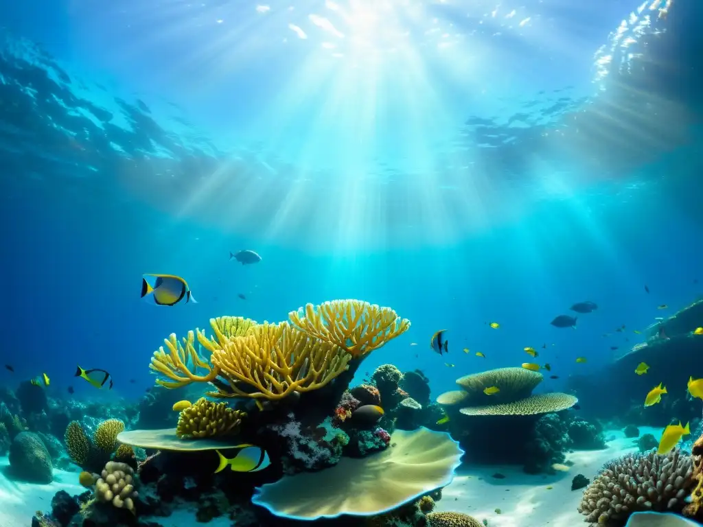 Buceo profundo en vida marina: un vibrante arrecife de coral con peces coloridos y plantas marinas, bajo la luz del sol en aguas cristalinas