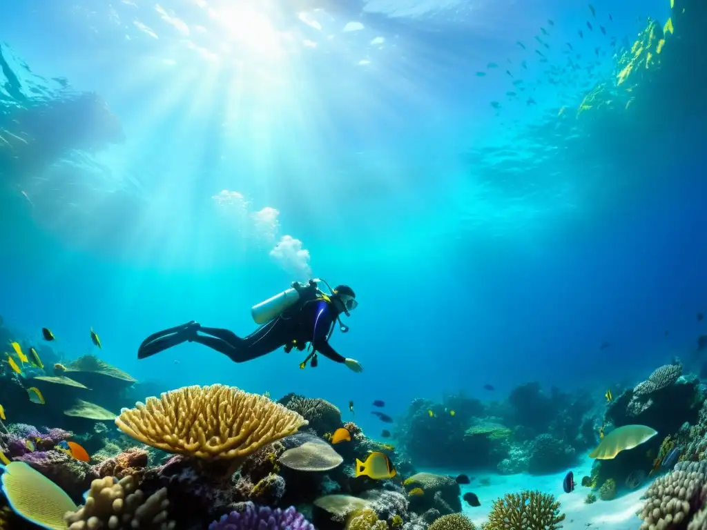 Buceo profundo en vida marina: explorando un arrecife de coral colorido con peces tropicales, tortugas marinas y formaciones de coral vibrantes