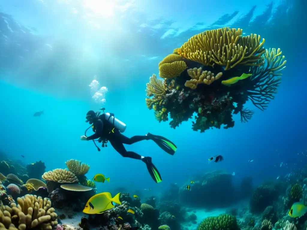 Buceo responsable para preservar vida marina: Un buceador explora un vibrante arrecife de coral, acompañado de peces coloridos en aguas cristalinas