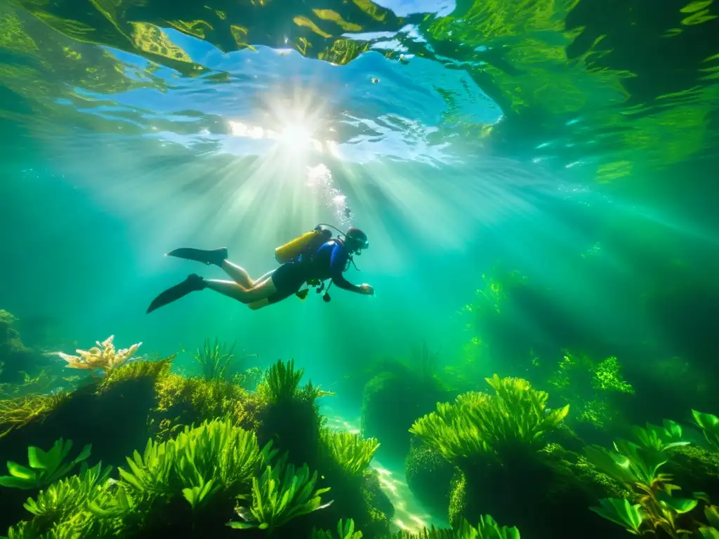 Buceo en ríos sagrados y lagunas ancestrales: un buceador nada en aguas cristalinas, rodeado de plantas acuáticas verdes y bañado por la luz del sol