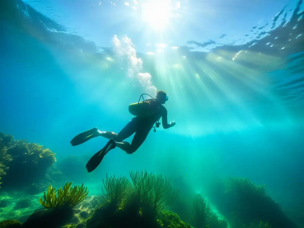 Buceo en ríos sagrados y lagunas ancestrales: Un buzo nada graciosamente en aguas cristalinas rodeado de vegetación acuática y la luz del sol