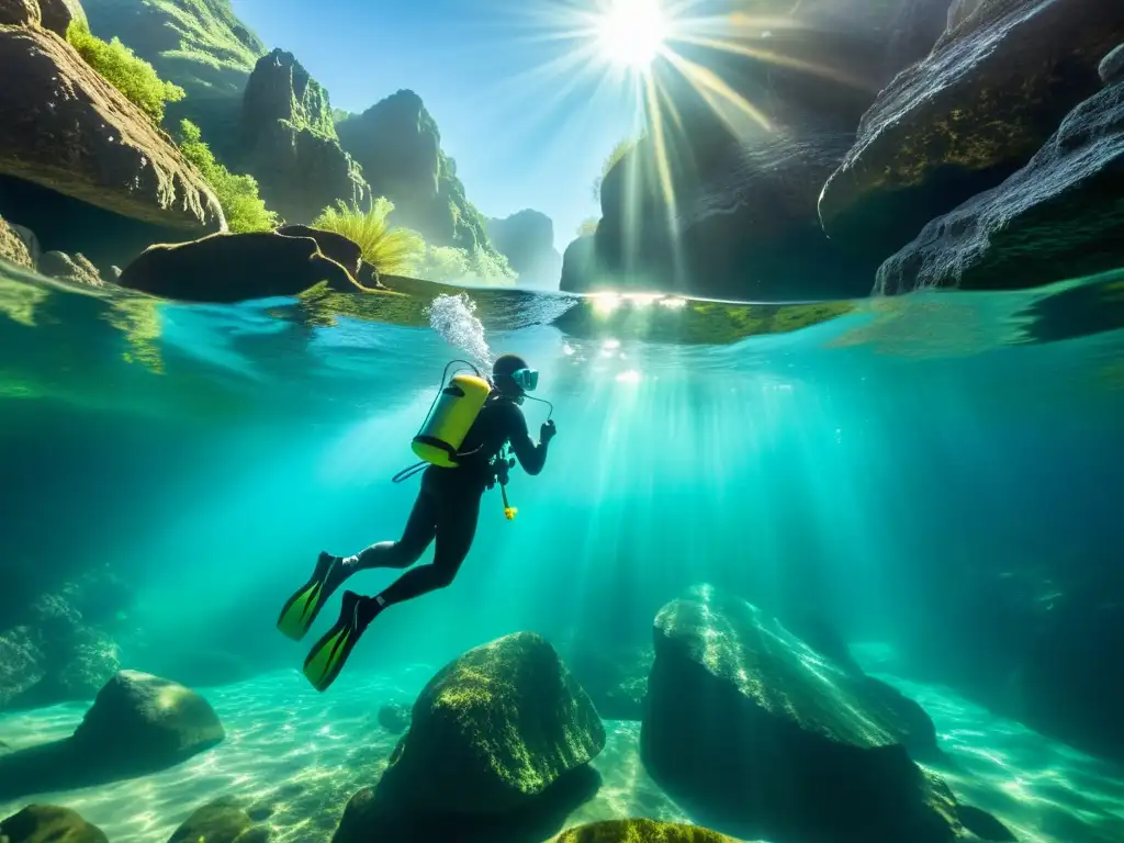 Buceo en ríos sagrados y lagunas ancestrales: un buceador explora aguas cristalinas rodeado de vida acuática y formaciones rocosas antiguas