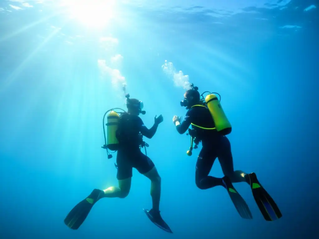 Buceo seguro: imagen en 8k de un buzo asistiendo a otro bajo el agua, transmitiendo urgencia y precisión en procedimientos de emergencia