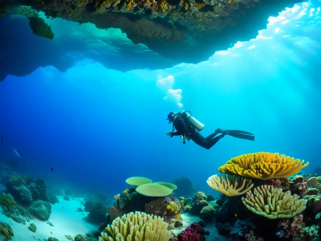 Buceo sidemount sin botella espalda: Un buceador ágil explora un arrecife de coral colorido en una cueva submarina, transmitiendo libertad y aventura