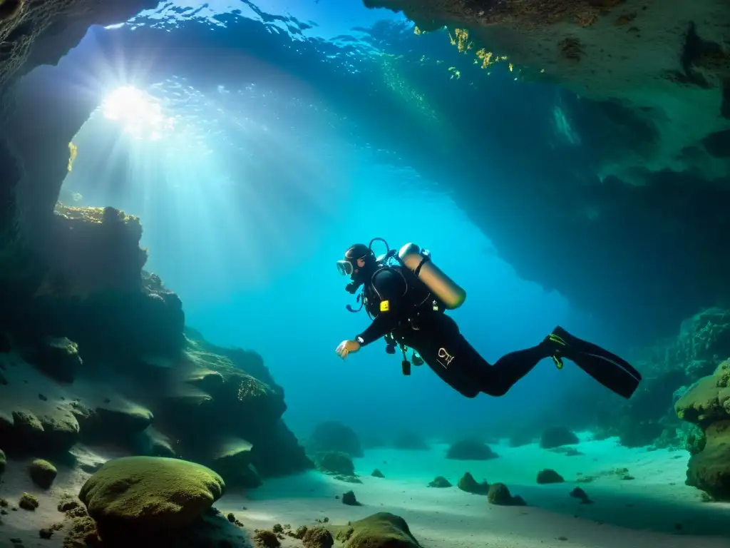 Buceo sidemount sin botella espalda: Un buceador explora una cueva submarina, disfrutando de la libertad y la belleza del mundo marino