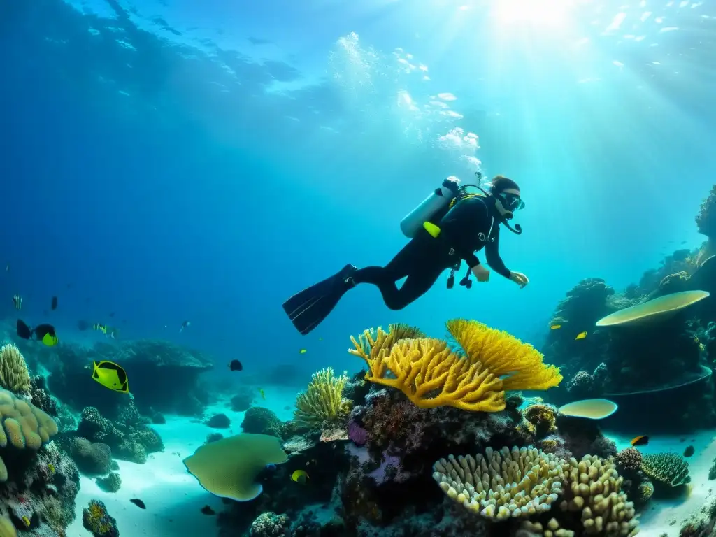 Buceo sidemount sin botella espalda: un buceador experto explora grácilmente un arrecife de coral colorido, rodeado de vida marina vibrante