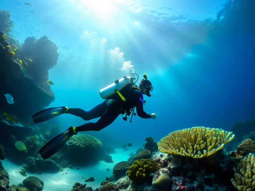 Buceo sidemount sin botella espalda: Un buceador navega grácilmente entre un vibrante arrecife de coral, bajo el deslumbrante sol