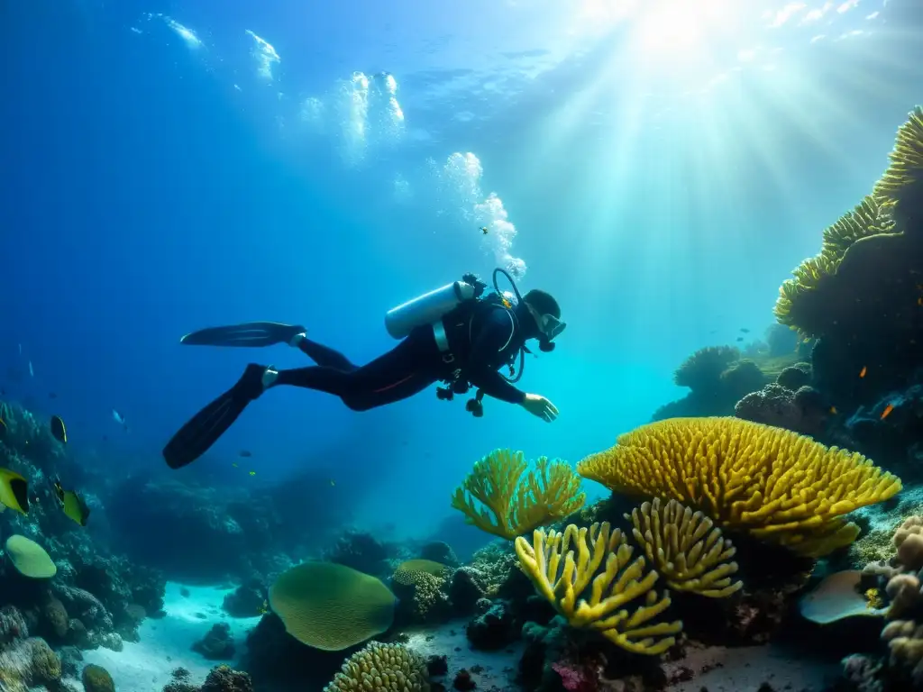 Buceo sidemount sin botella espalda: Un buceador en silueta, explorando un vibrante arrecife de coral bajo el agua