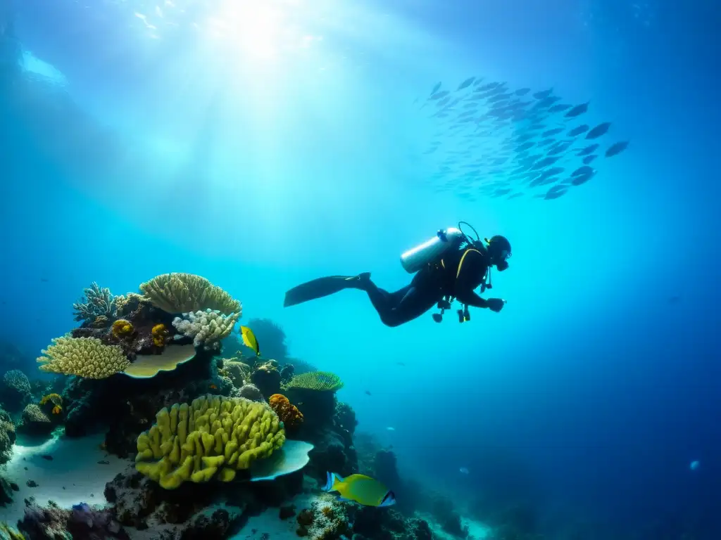 Buceo sidemount sin botella espalda: Un buceador navega entre corales coloridos y peces, capturando la libertad y exploración submarina