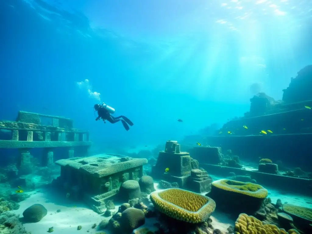 Buceo en sitios arqueológicos subacuáticos: exploración de una ciudad sumergida con ruinas antiguas cubiertas de coral y vida marina colorida