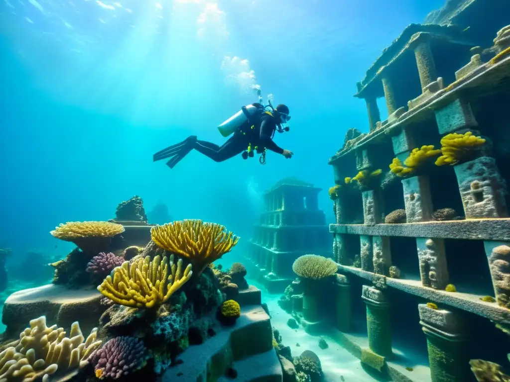 Buceo en sitios arqueológicos subacuáticos: exploración de ruinas antiguas cubiertas de coral, creando un paisaje submarino asombroso