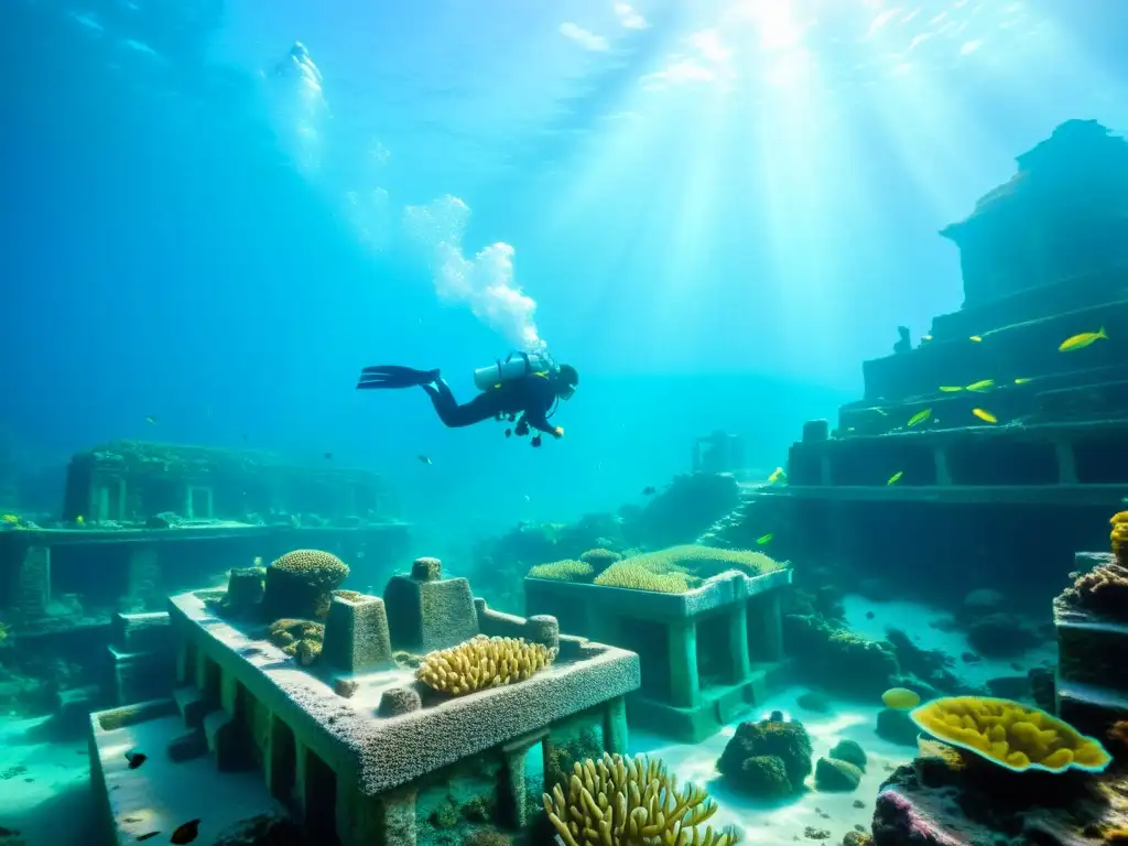 Buceo en sitios arqueológicos subacuáticos: ruinas antiguas cubiertas de coral, peces vibrantes y luz solar en una ciudad hundida