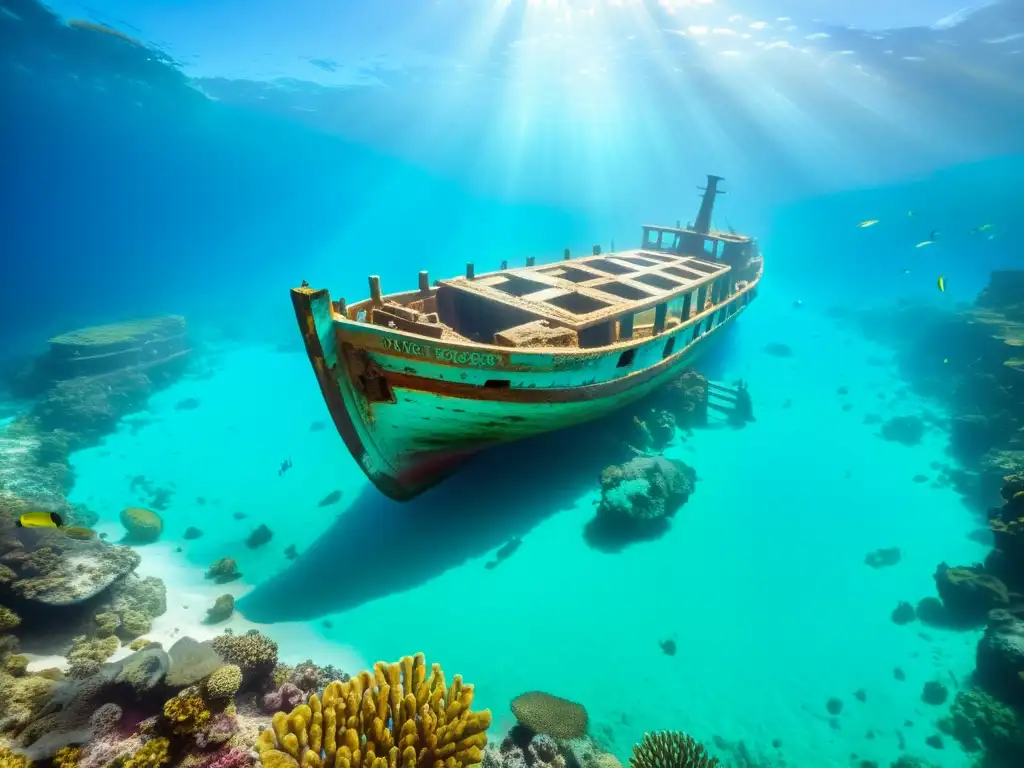 Buceo en sitios arqueológicos subacuáticos: misteriosa belleza de un barco griego hundido rodeado de arrecifes y peces de colores en aguas turquesas